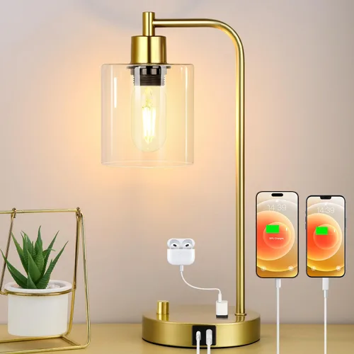 Vista 10 de Lámpara de mesa industrial con puertos USB A+C y toma de corriente, lámpara de mesita de noche moderna totalmente regulable, lámpara de escritorio