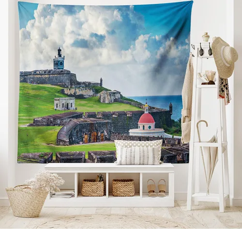 Vista 2 de Lunarable Tapiz de Puerto Rico, histórico Fort San Felipe del Morro, paisaje de América Central y Caribe, decoración de tela para colgar en la pared