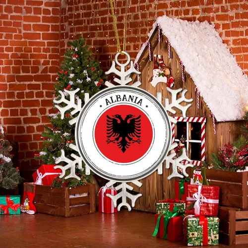 Vista 4 de Bandera de Albania, adorno de Navidad para niños, bandera nacional, silueta de Albania, decoración de árbol de Navidad, adornos de Navidad de metal