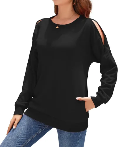 Vista 4 de YSYOKOW Women Crewneck Sweatshirt Long Sleeve Pullover Sweatshirts Trendy Cold Shoulder Tunic Tops with Pockets