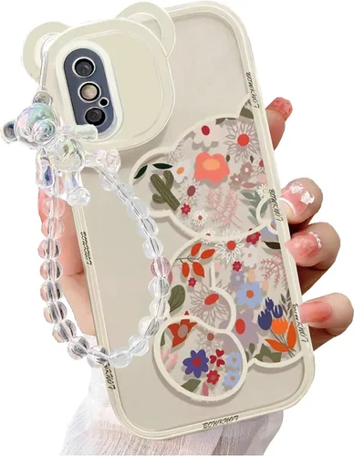 Vista 10 de Funda compatible con iPhone 8 Plus, bonito protector de cámara con diseño de oso de flores transparentes con bonita correa y cadena para niñas