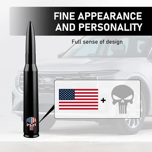 Vista 5 de Ajxn 1 PC Antena de Bala para Coche y Camión, Antenas Cortas con Diseño de Cráneo, Antena de Reemplazo Compatible con Ford F150 Wrangler Jeep Negro