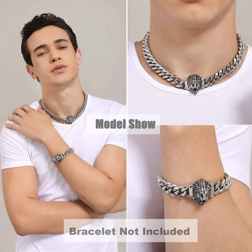 Vista 9 de Cadena de eslabones cubanos para hombre, gargantilla de león, collar de plata Hip Hop de 18 pulgadas, 20 pulgadas y pulsera de 8.5 pulgadas, juego