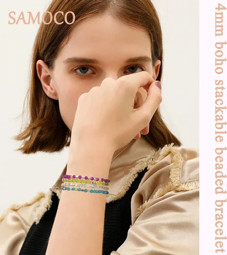 Vista 3 de SAMOCO 28 pulseras bohemias con cuentas para mujer, coloridas y apilables con cuentas de cristal brillantes, pulseras versátiles de múltiples capas