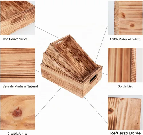 Vista 6 de Cajas de madera para exhibición,Caja decorativa rústica,Cestas rectangulares Contenedor Caja de almacenamiento,Caja nido apilable,Papelera