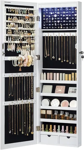 Vista 14 de Songmics - UJJC093B01 - Armario para joyas que se puede cerrar con llave, de montaje en pared o puerta, con espejo de 6 luces LED, para Negro