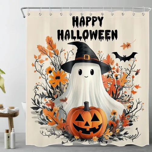 Vista 25 de HVEST Cortina de ducha con ganchos, calabaza espeluznante y fantasma con sombrero de bruja negro, juego de cortina de ducha naranja con flores