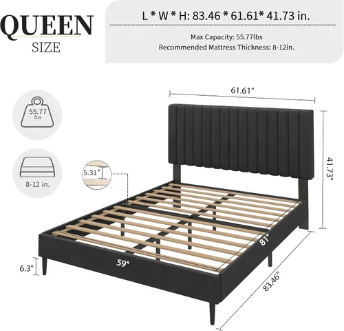 Vista 2 de Base de cama de plataforma de terciopelo de tamaño matrimonial con cabecera tapizada, listones de madera resistentes, no requiere resortes, fácil