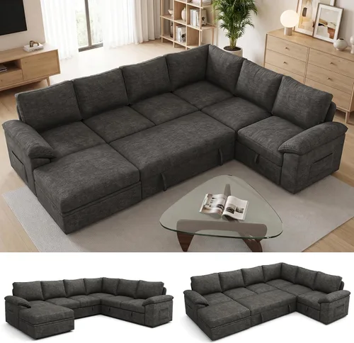 Vista 19 de Sofá modular de 85 pulgadas con cama extraíble, sofá modular de 5 asientos en forma de L con almacenamiento, sofás seccionales para sala de estar