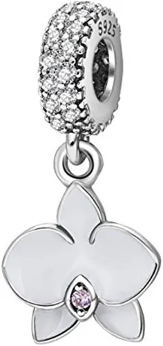 Vista 2 de Junyi Jewelry Abalorio de orquídea de plata de ley 925 con diseño de flor, para cumpleaños, aniversario, Navidad, para pulsera Pandora
