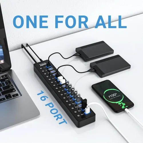 Vista 3 de Hub USB 3.0 de alimentación, divisor USB atolla de 16 puertos con adaptador de corriente de 12 V/6 A e interruptores individuales, transferencia