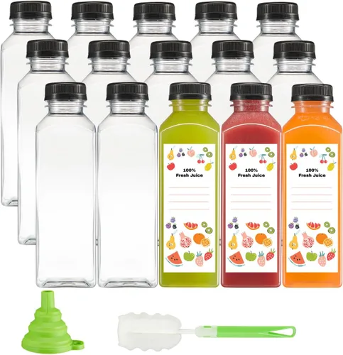 Vista 9 de GUSTO 15 botellas de jugo de plástico reutilizables con tapas, etiquetas, cepillo y embudo de silicona, botellas de plástico transparente con tapas
