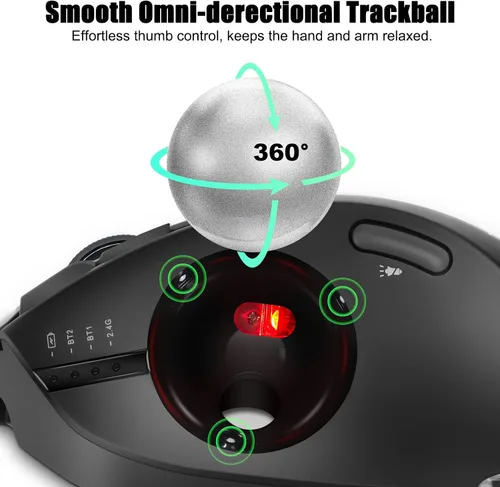 Vista 2 de TRELC Ratón Trackball Inalámbrico, Ratón Ergonómico con Bola Rodante con 4800 DPI/7 Botones Programables, Ratón de Control con Pulgar, Ratón Óptico