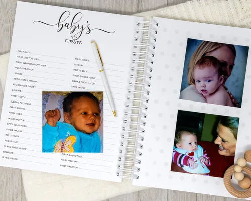 Vista 18 de Personalized Twin Baby Memory Book - Hardcover First Year Album Customized with Babies’ Names - Prompted Baby Journal (Blue Mountains)