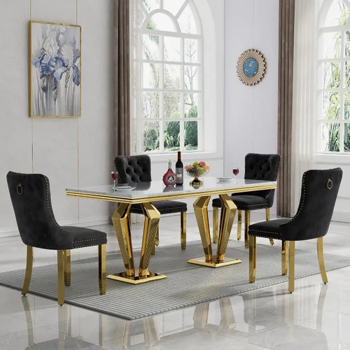 Vista 38 de HomVent - Juego de mesa de comedor de mármol sintético de 68 pulgadas con 4 sillas de terciopelo para cocina Modern Rectangular Faux Marble