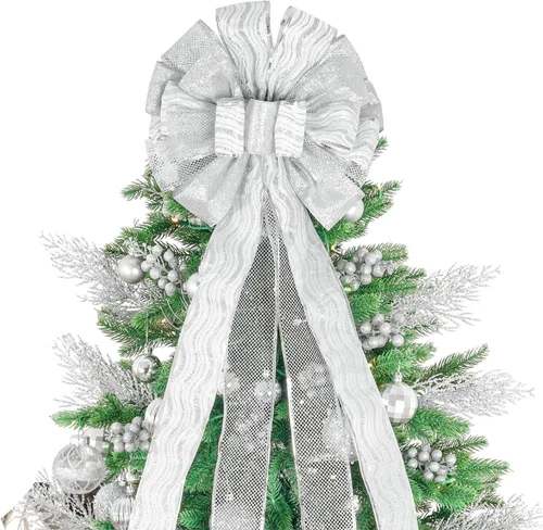 Vista 9 de Decoración para árbol de Navidad de 52 x 12 pulgadas, adorno de Navidad con serpentina de malla de satén con purpurina, para decoración y adornos