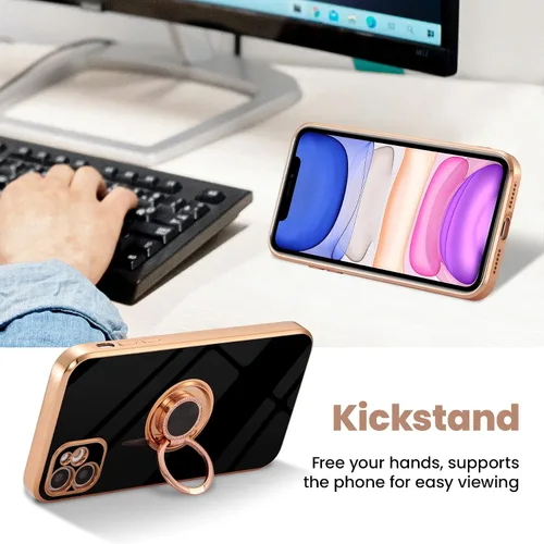 Vista 3 de ZCDAYE Funda para iPhone 12, iPhone 12 con soporte de anillo magnético, borde dorado galvanizado suave TPU a prueba de golpes para iPhone 12 - Negro