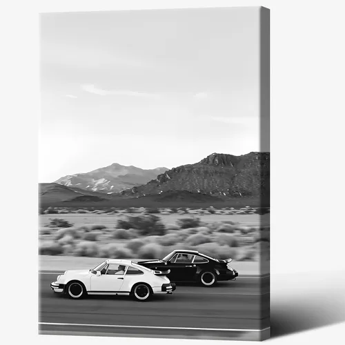 Vista 10 de Póster retro de auto en blanco y negro, lienzo de superdeportivo, arte de pared para amantes del automóvil, puesta de sol, paisaje de montaña