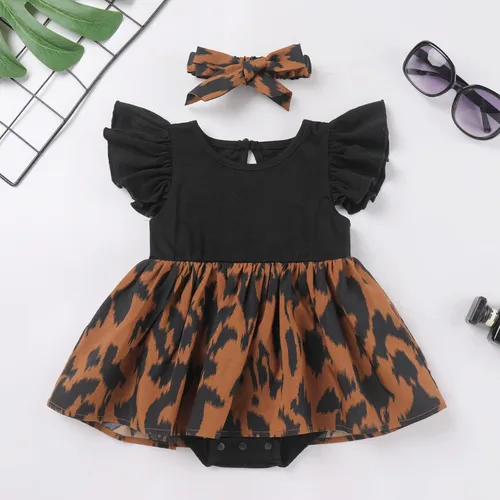 Vista 4 de AWIBMK Mommy and Me - Vestidos a juego con volantes de leopardo, sin mangas, para verano, playa, mamá, hija, trajes a juego con diadema, 2
