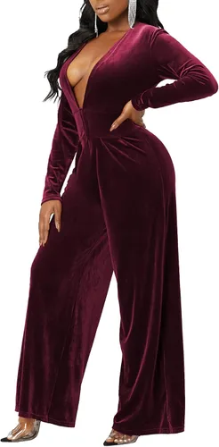 Vista 2 de LightlyKiss Women Casual Sexy V Neck Sparkly Jumpsuits Long Sleeve Onesie Loose Pants Party Clubwear with Belt
