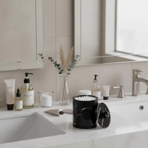 Vista 4 de Dispensador de soporte Qtip para baño con tapa, soporte para hisopos de algodón de tocador, recipiente de bola de algodón de resina, esponjas