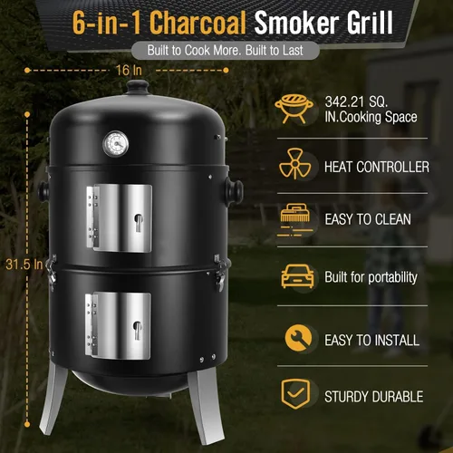 Vista 2 de Ahumador de carbón para carne: Parrillas de carbón para barbacoa 4 en 1 resistentes de 16 pulgadas Combo de parrilla vertical para ahumadores