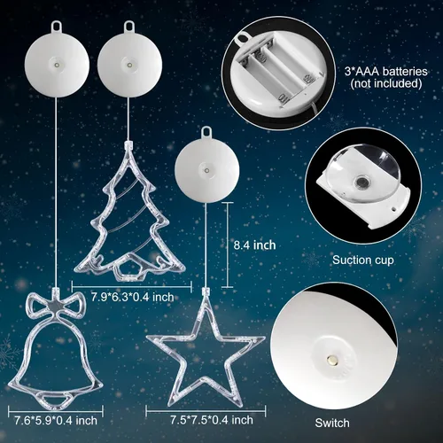 Vista 4 de LYUBASA Paquete de 3 luces de Navidad para ventana con temporizador, alimentadas por baterías, lechón LED multicolor para árbol de Navidad