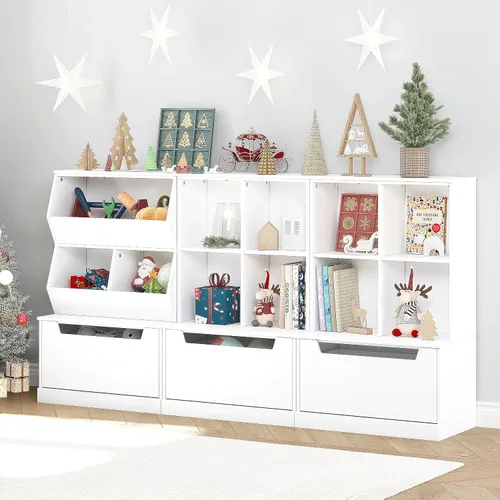 Vista 7 de UTEX Estantería para niños y organizador de almacenamiento de juguetes, estantería para niños pequeños con cubículos, estante de madera ajustable