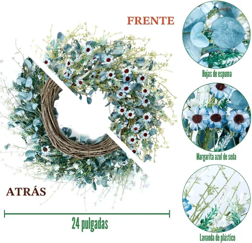 Vista 7 de Sggvecsy Corona de margaritas azules de 24 pulgadas para primavera y verano, corona floral de seda falsa con hojas de eucalipto verdes y lavanda
