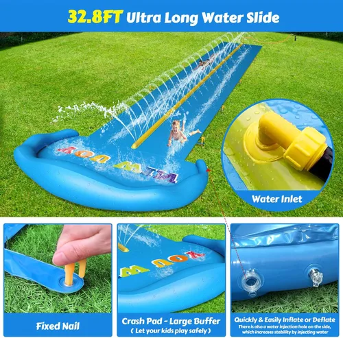 Vista 3 de Evoio Tobogán acuático, tobogán acuático inflable de 32.8 pies con 2 carriles de carreras para niños, niñas y adultos, tobogán acuático al aire