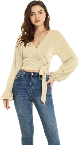 Vista 4 de LYANER Blusa corta de manga larga con cuello en V para mujer, con nudo y nudo