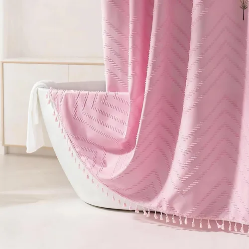 Vista 45 de Cortina de ducha Siiluminisoy de 36x72 beige, cortina de ducha de tela de tamaño pequeño, cortinas de ducha de tela con tufting, diseño chevron a