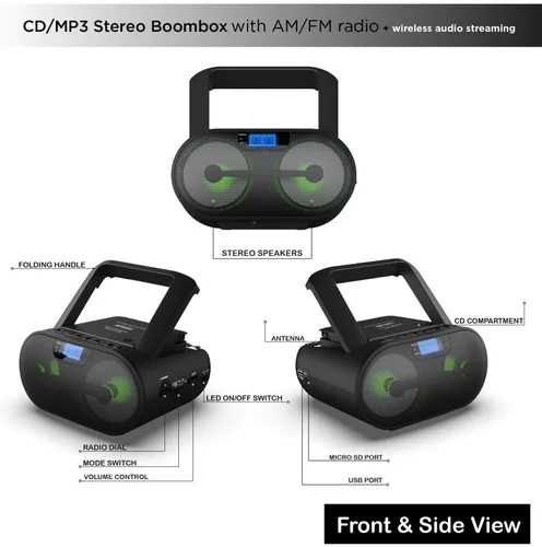 Vista 7 de Riptunes Reproductor de CD portátil Boombox AM FM Radio, Bluetooth, USB, entrada auxiliar, MP3 CD sonido estéreo con refuerzo de graves, luces