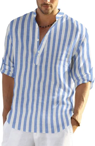 Vista 28 de COOFANDY Camiseta Henley de algodón y lino para hombre, de manga larga, estilo hippie, casual, playera