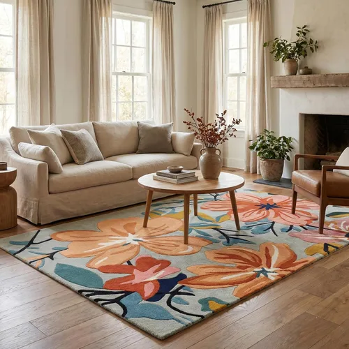 Vista 4 de Restoration and Renovation Alfombra de lana floral copetuda a mano Diseño moderno de flores coloridas, alfombra gruesa y suave para sala de estar