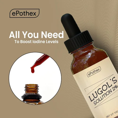 Vista 2 de EPOTHEX Lugol's Solution - Botella con cuentagotas de vidrio al 2% de 1 oz. Contiene yoduro de potasio y yodo, 1.0 fl oz