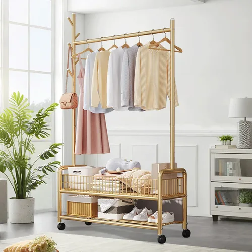 Vista 12 de Perchero con estantes de almacenamiento, perchero resistente con ruedas para dormitorio, sala de estar, organización de lavandería