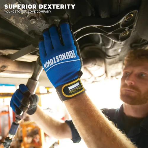 Vista 3 de Youngstown Glove Mechanics Plus - Guantes de trabajo mecánico para hombre, ligeros, pantalla táctil, lavables a máquina, color azul, talla S