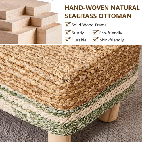 Vista 4 de Cpintltr Taburete otomano rectangular, reposapiés, otomano, reposapiés natural de algas marinas con patas de madera, taburete tejido a mano