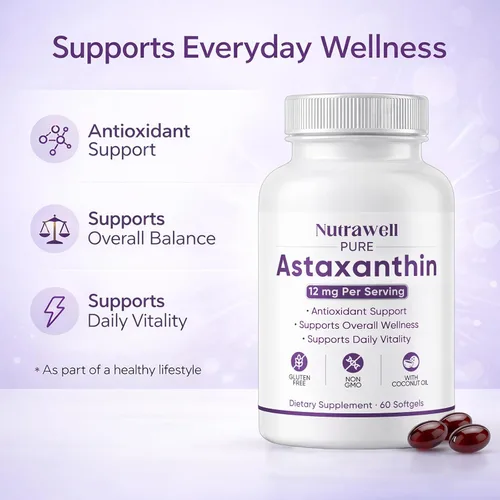 Vista 2 de NutraWell Astaxantina 12 mg, con aceite de coco, suplemento de apoyo antioxidante, sin OMG, sin gluten, 60 cápsulas blandas