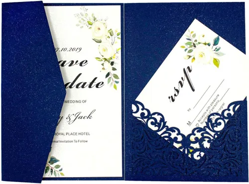 Vista 15 de Juego de 25 tarjetas de invitaciones de boda de 5 x 7.28 pulgadas con purpurina dorada clara, tres pliegues, cortadas con láser, corte hueco