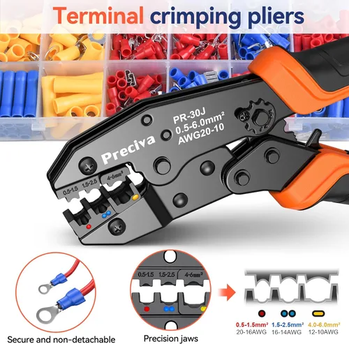 Vista 2 de Kit de Herramientas de Crimpado de Terminales de Cable con Nuevo Diseño de Mango, Preciva AWG20-10 Herramienta de Crimpado de Trinquete Aislada