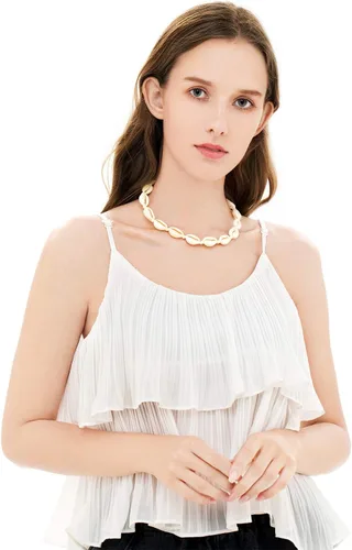 Vista 6 de TKUAMIGO Collar de concha de puka para mujer, gargantilla de perlas naturales, collar ajustable de conchas marinas, pulsera de concha de cauri