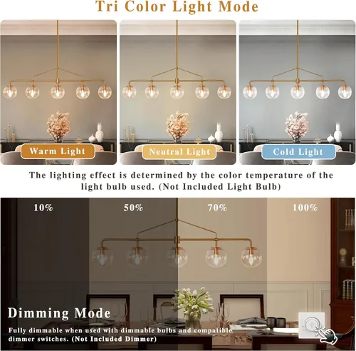Vista 4 de Lámpara de araña lineal dorada moderna de 5 luces para comedor con globo de vidrio sembrado, lámpara colgante lineal de 39 pulgadas para casa