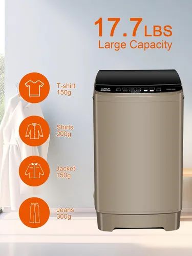 Vista 4 de KRIB BLING Bomba de drenaje portátil de 17.7 libras, lavadora completamente automática con pantalla LED, 10 programas y 8 niveles de agua Dorado