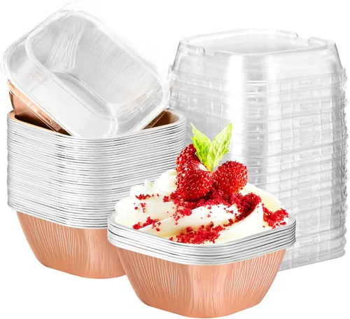 Vista 12 de EUSOAR - Tazas para cupcakes con tapas, 8 onzas, 50 unidades de flan de postres desechables, 3.5 x 2.7 x 1.6 pulgadas con tapas, postres de papel