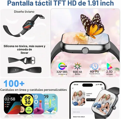 Vista 5 de Smart Watch for Women Men, Alexa Built-in, Smartwatch for iPhone & Android Bluetooth Call, 1.91" HD Fitness Tracker with Heart Rate/SpO2/Sleep Black