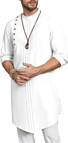 Vista 3 de Kaftan Thobe - Bata de manga larga para hombre, casual, algodón, lino, con botones, camisa musulmana Blanco