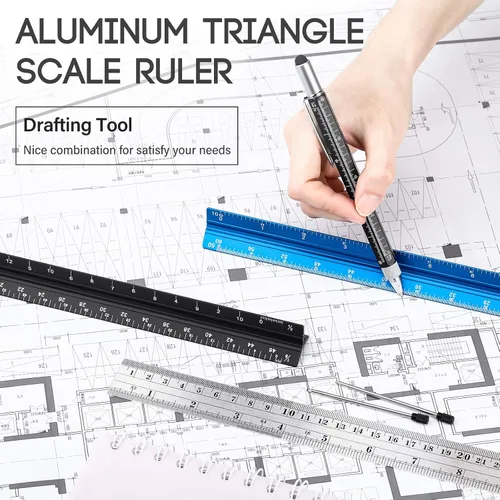 Vista 6 de Juego de 6 reglas de escala de ingeniería arquitectónica de 12 pulgadas, herramienta de dibujo triangular de aluminio con regla estándar de metal