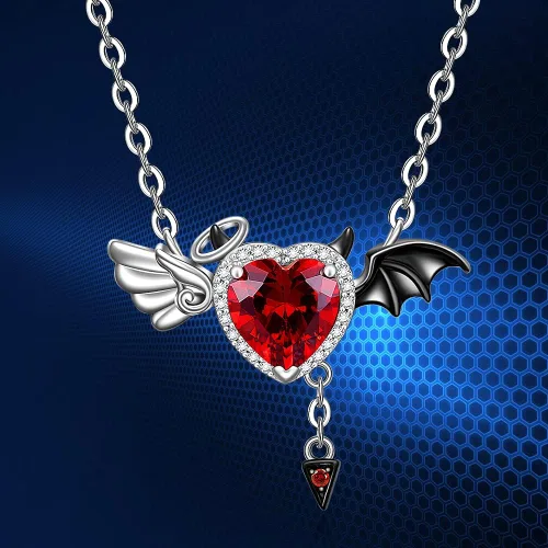 Vista 9 de Collar de medio ángel y medio diablo, símbolo de amor y ángel y diablo, colgante de alas de demonio, plata de ley, joyería de murciélago de Halloween